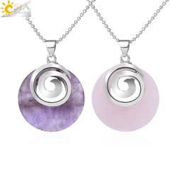 CSJA Natural Stone Necklaces & Pendants Hollow Round Spiral White Crystal Black Agates Lava Chakra Reiki Pendulum for Girls F864