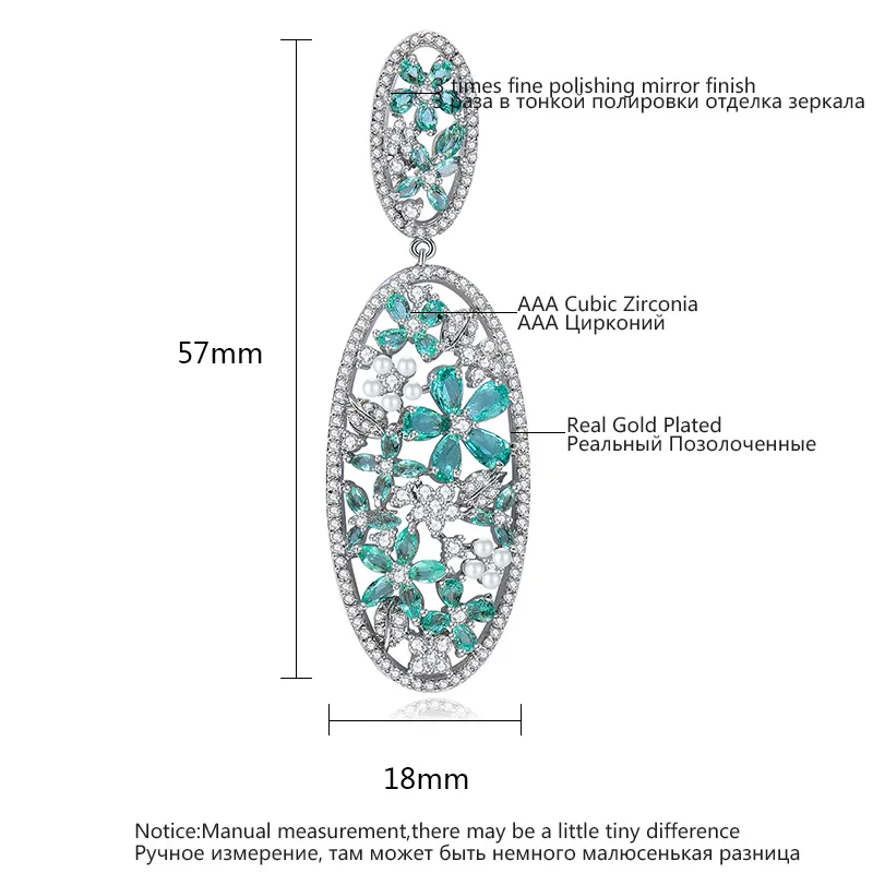 LUOTEEMI Fashion Long Big Oval Drop Earring Clear Blue Flower CZ Stones Luxurious Earring for Women Wedding Bridal Jewelry Gift