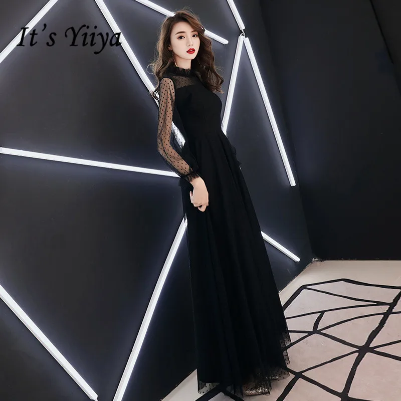 Ini YiiYa Gaun Malam Fashion Dot Cetak Hitam Panjang A-line Gaun Formal Lengan Panjang Chiffon Elegan Pesta E016