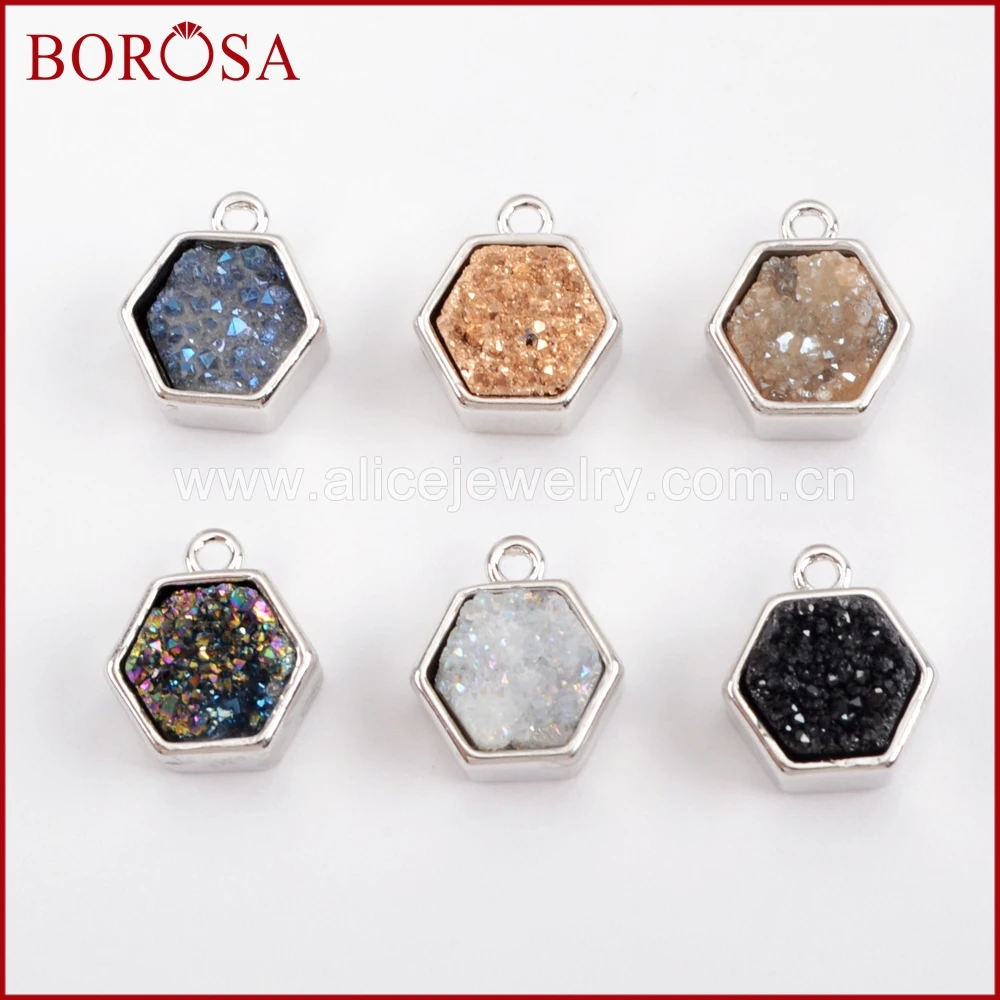 

BOROSA 10PCS Hexagon Silver Color Bezel Natural Druzy Titanium Rainbow Charm Beads Drusy Pendant for Jewelry Making ZS0139