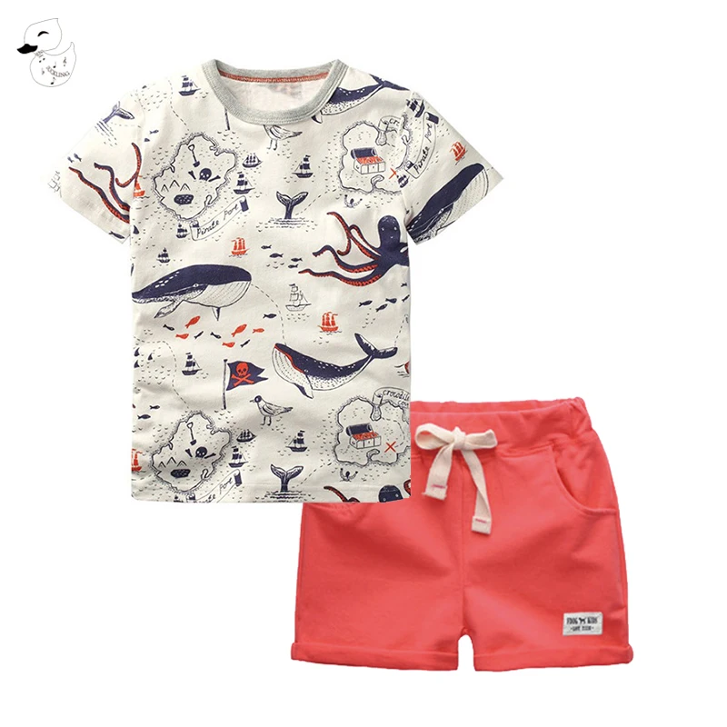 BINIDUCKLING Children's Outfit For Toddler Boys O-Neck T-Shirt and Shorts Clothing Summer Fish Print Kids Boy Cotton Clothes Set