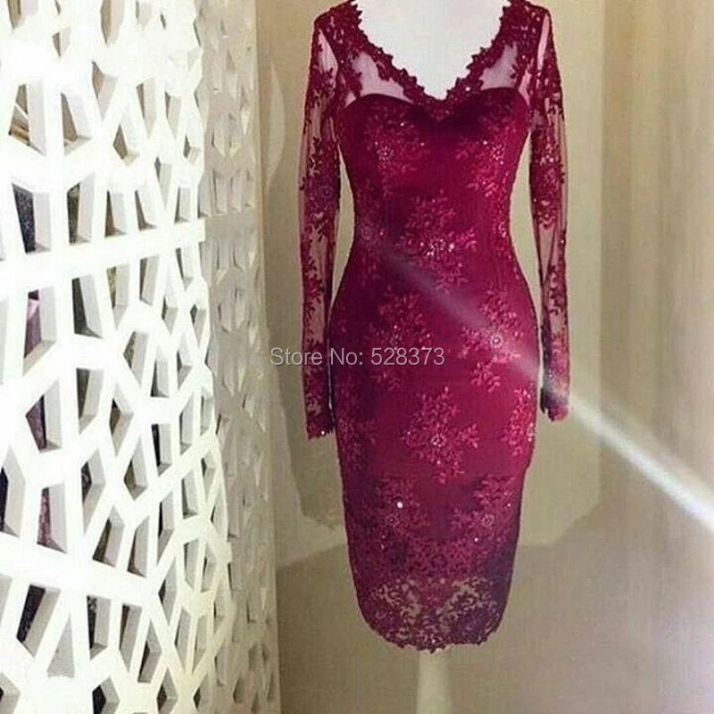 

YNQNFS MD86 Sheath V Neck Party Dress Short Mother of the Bride/Groom Lace Dresses Long Sleeves Outfits Gown Burgundy 2019