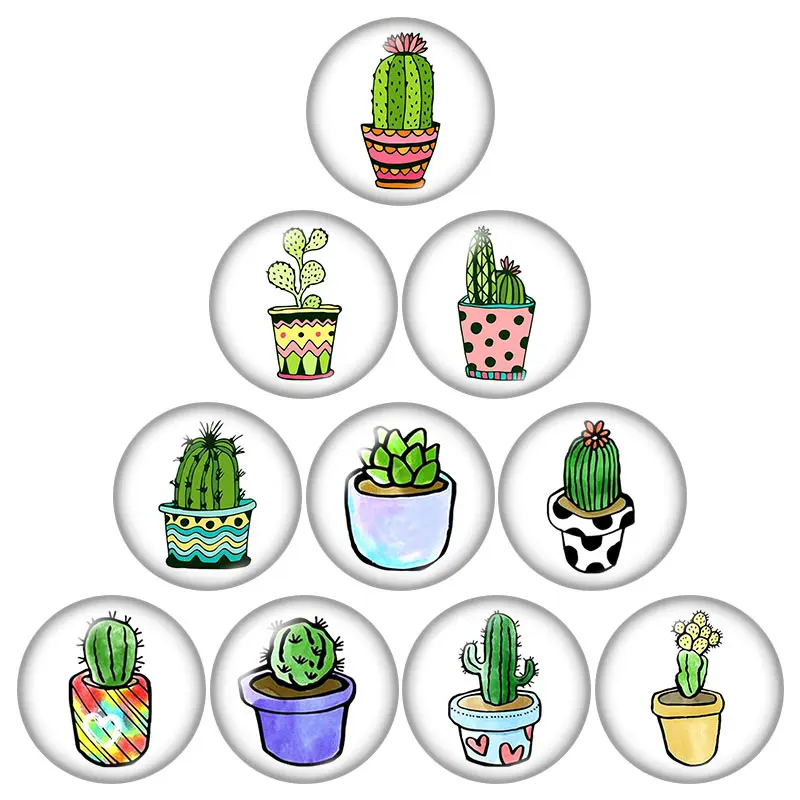 New Potted plant cactus 10pcs mixed 12mm/18mm/20mm/25mm Round photo demo glass cabochon flat back Making findings