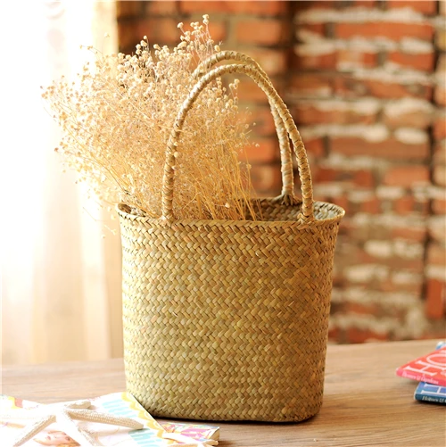 Seaweed Flower Basket Dried Flower Arrangement Flower Decoration Vintage Hand-Woven Rattan Handbags Debris Storage Basket Decora