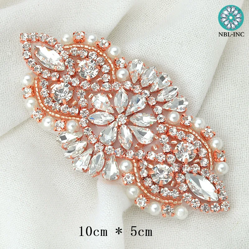 (30PCS ) Customized wholesale wedding beaded silver rose gold crystal rhinestone applique patch iron on for dresses WDD0736