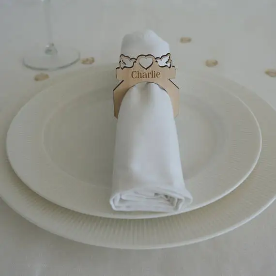 Personalised wedding napkin ring. Custom made love birds wedding name plaque dinner place setting