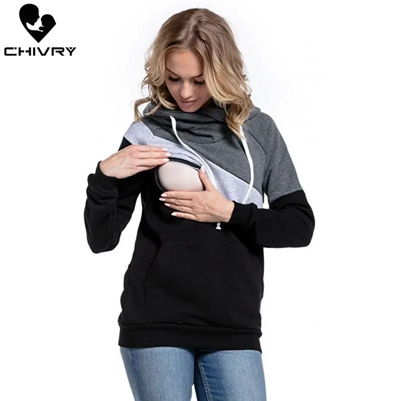 Chivry Maternity Patchwork Sweatshirt Breastfeeding Clothes Hooded Pregnant Hoodies Women Nursing Tops Pregnancy Sweatshirt