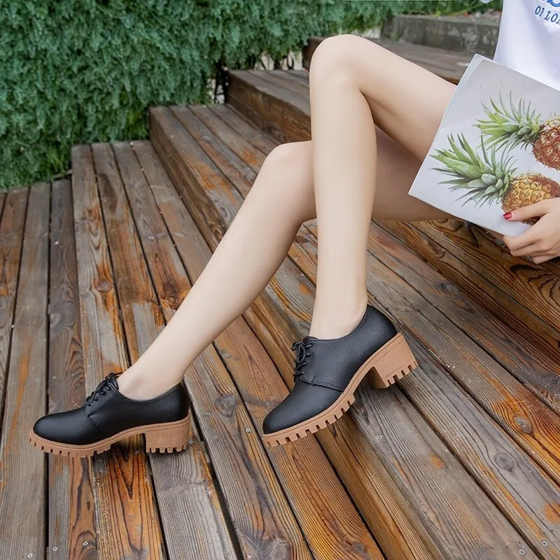 Round Toe Leather Square heel Lace-Up Mary Janes Platform pumps women shoes 2019 summer shoes woman British Wind Student shoes