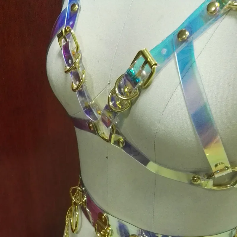 100% Handcrafted Holographic Choker Bra Belt Gold Chest Top Body Chain Link Waist Belts Hologram Iridescent