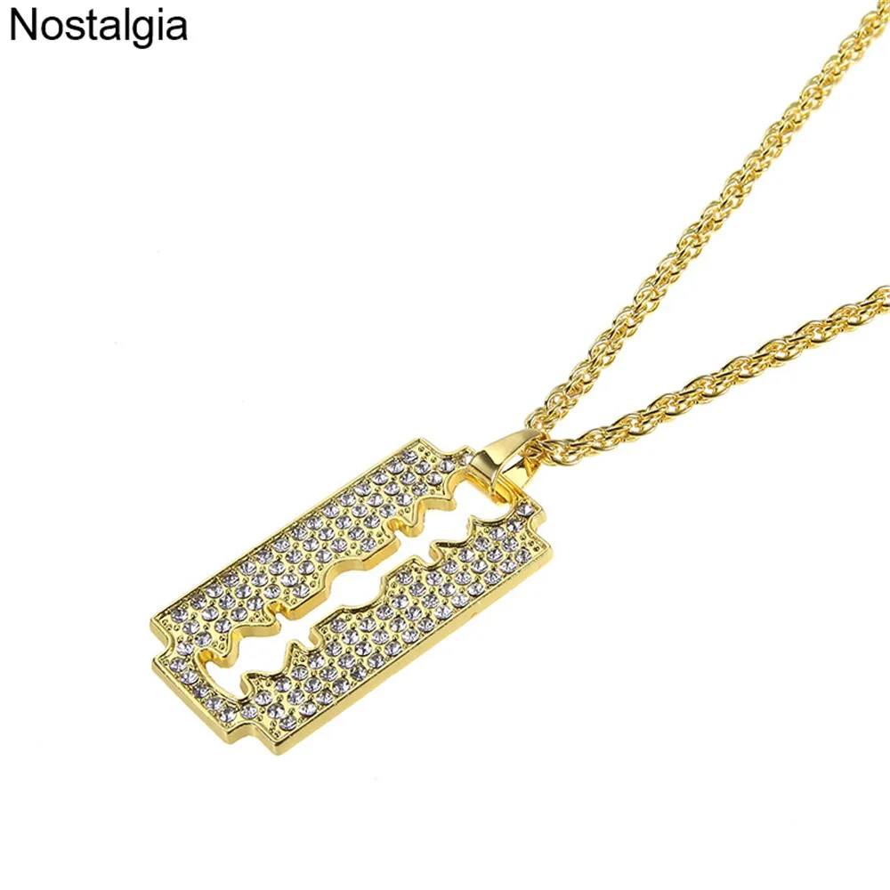 Nostalgia Crystal Charm Razor Blade Long Necklace With Big Pendant Barber Hiphop Mens Womens Jewelery