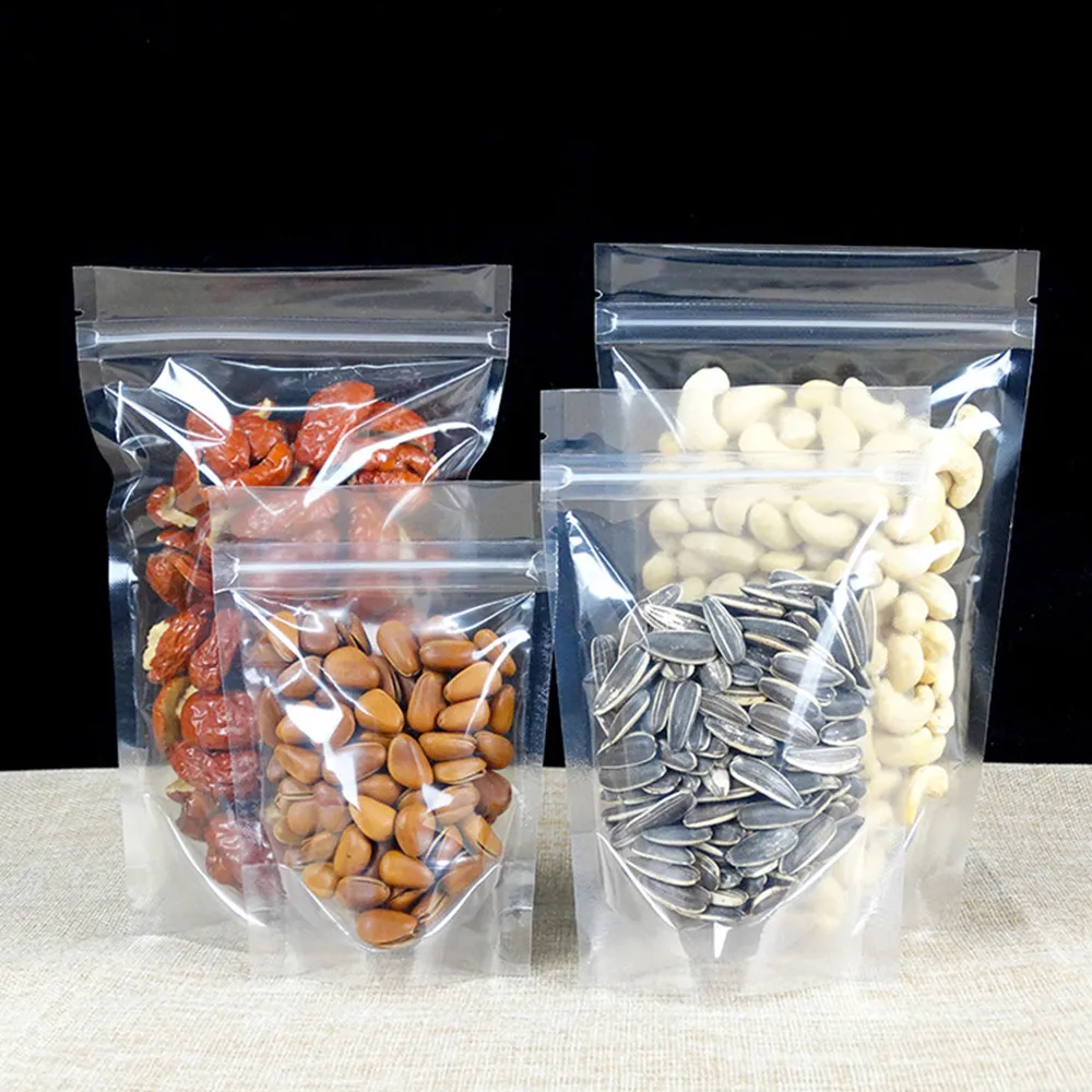 50Pcs/ Lot 14*20cm Stand-Up Clear Poly Heat Seal Zip Lock Pack Bags For Food Coffee Storage Doypack Zipper Packaging Pouches