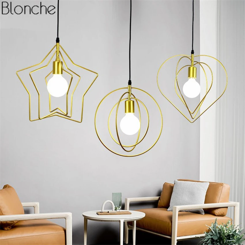 Nordic Gold Star/Heart/Ring Pendant Lights Led Hanglamp Adjustable Hanging Light for Living Room Bedroom Kitchen Home Lighting