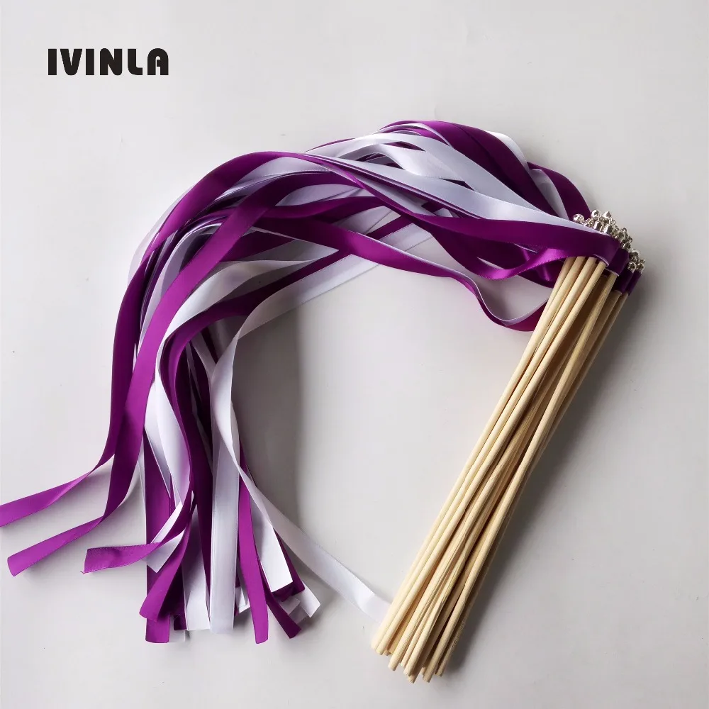 

50Pieces/Lot Style A purple and White Wedding Ribbon Wands with sliver bell for wedding