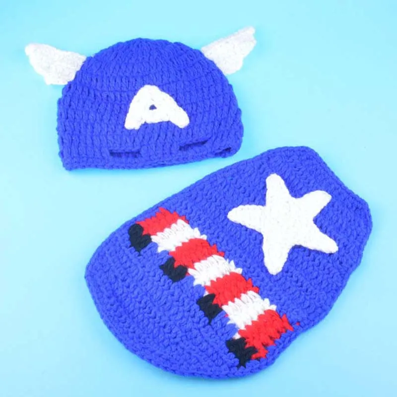 Crochet Pattern Captain America Newborn Photo Prop Outfit Knitted Baby Hat with Cape Handmade Infant Costume Set H231