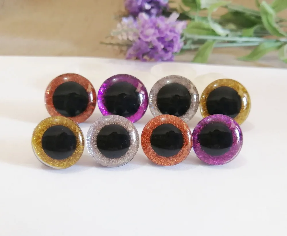 

30set/lot 16mm/20mm/24mm plastic round clear safety toy eyes + gold/silver/orange/purple glitter fabric+ washer for diy doll