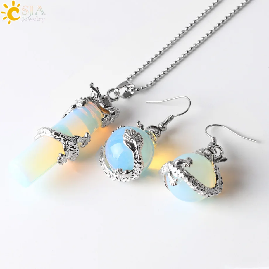 CSJA 2017 Natural Jewelry Set Crystal Round Stone Beads Drop Pendant Necklace Earrings Set Chain Opal Dragon Pendulum Party E390