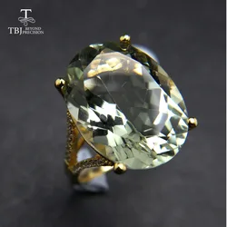 Nice Black Friday & Christmas gift Big natural green amethyst Ring yellow gold color 925 silver gemstone jewelry for girls TBJ