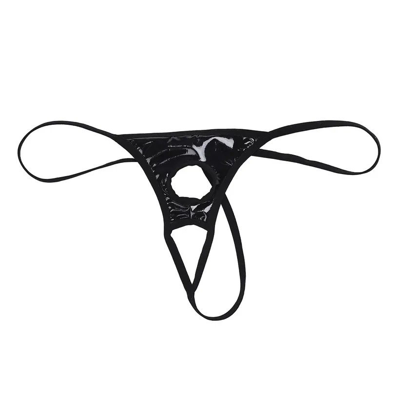 Mens Lingerie Patent Leather Panties String Bikini Thong Underwear Underpants with Penis Holes Sexy Gay Male Open Butt Underwear