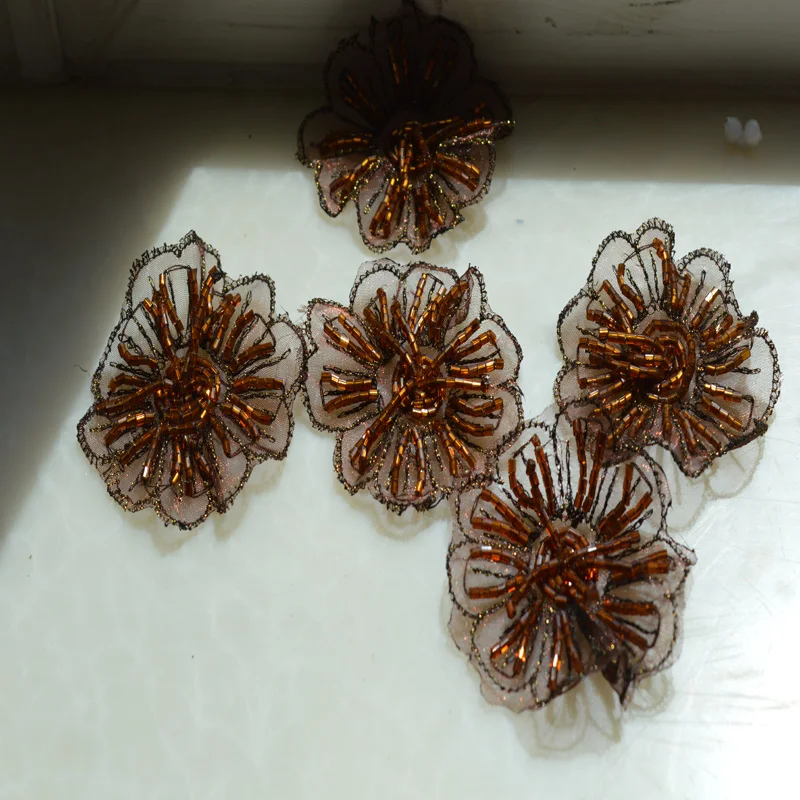 (2pc/lot)New Arrival beads Wedding Dress Decorated brown 3D Organza Flower Applique Sew On Lace Patches-041002