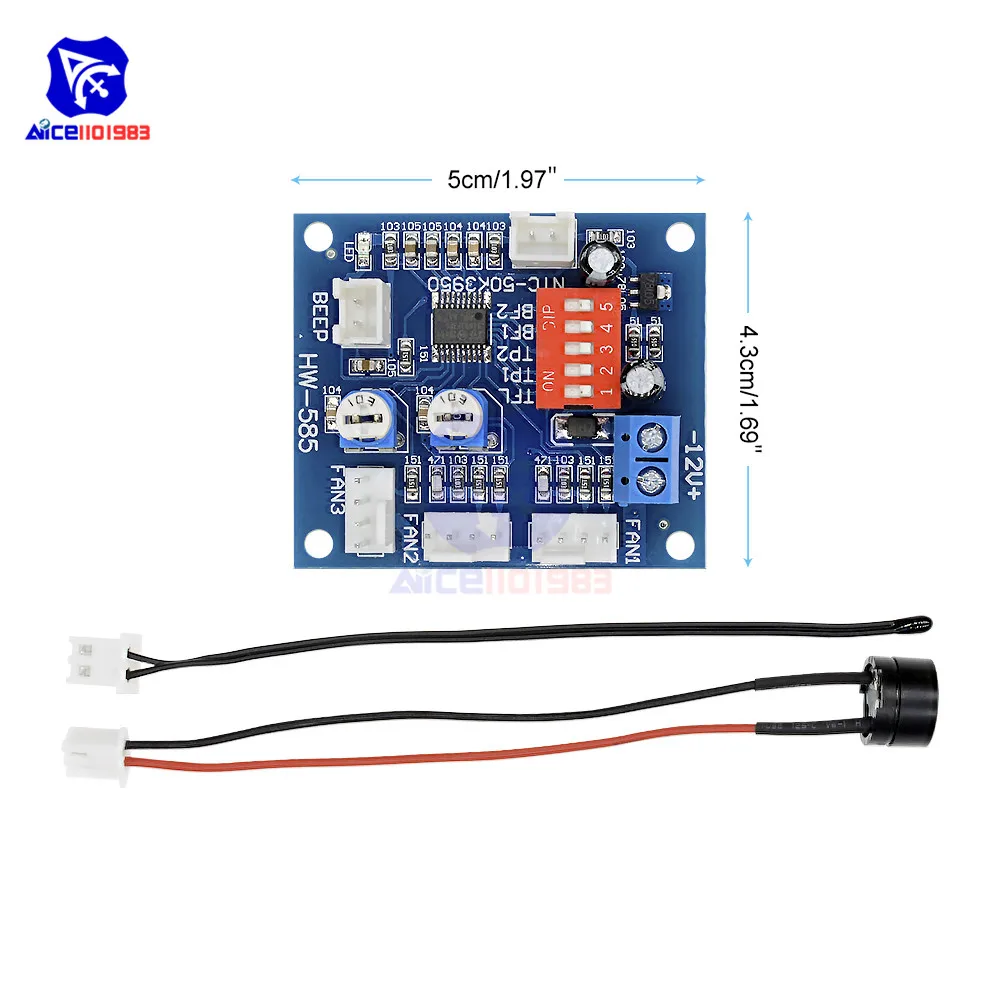 NTC 3950 Thermistor PWM Temperature Probe Speed Controller Board Control Module Buzzer DC 12V CPU Fan High-Temp Alarm Heat Sink
