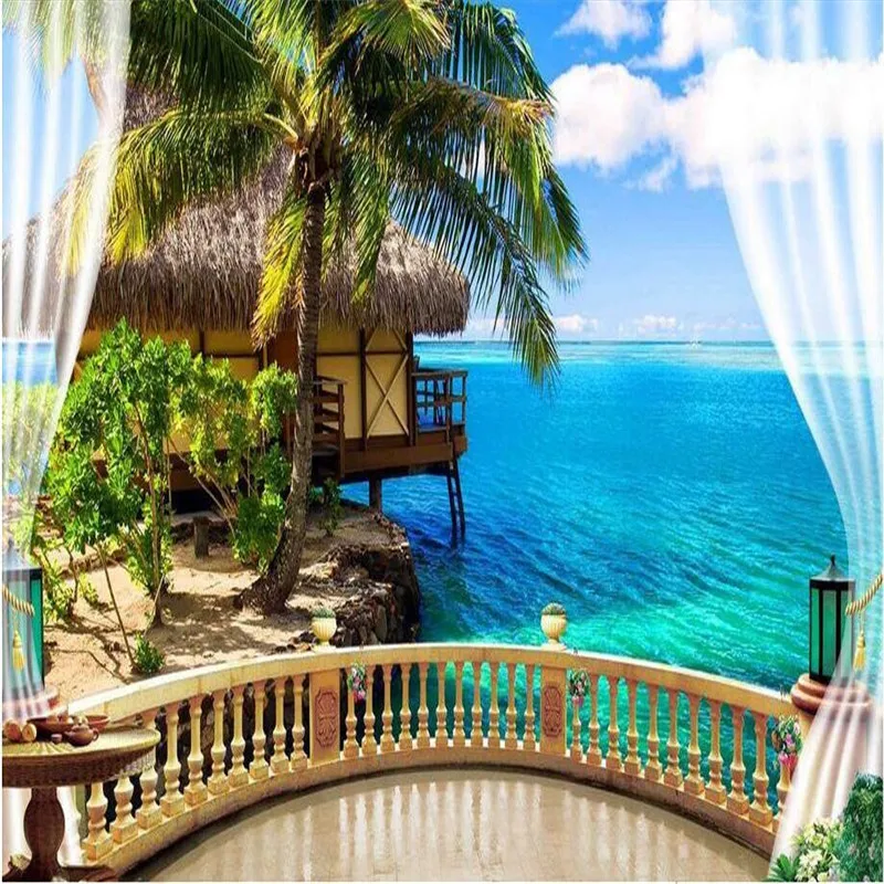 

beibehang wall mural 3d wallpaper HD Balcony window beach sea hut holiday backdrop custom silk photo wall paper papel de parede