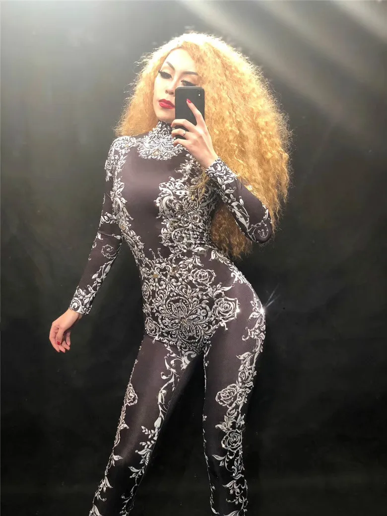 Women Sexy Silver Rhinestones Jumpsuit Performance Leggings Female Singer Leggings Glass Big Crystals Costume Stretch Bodysuit