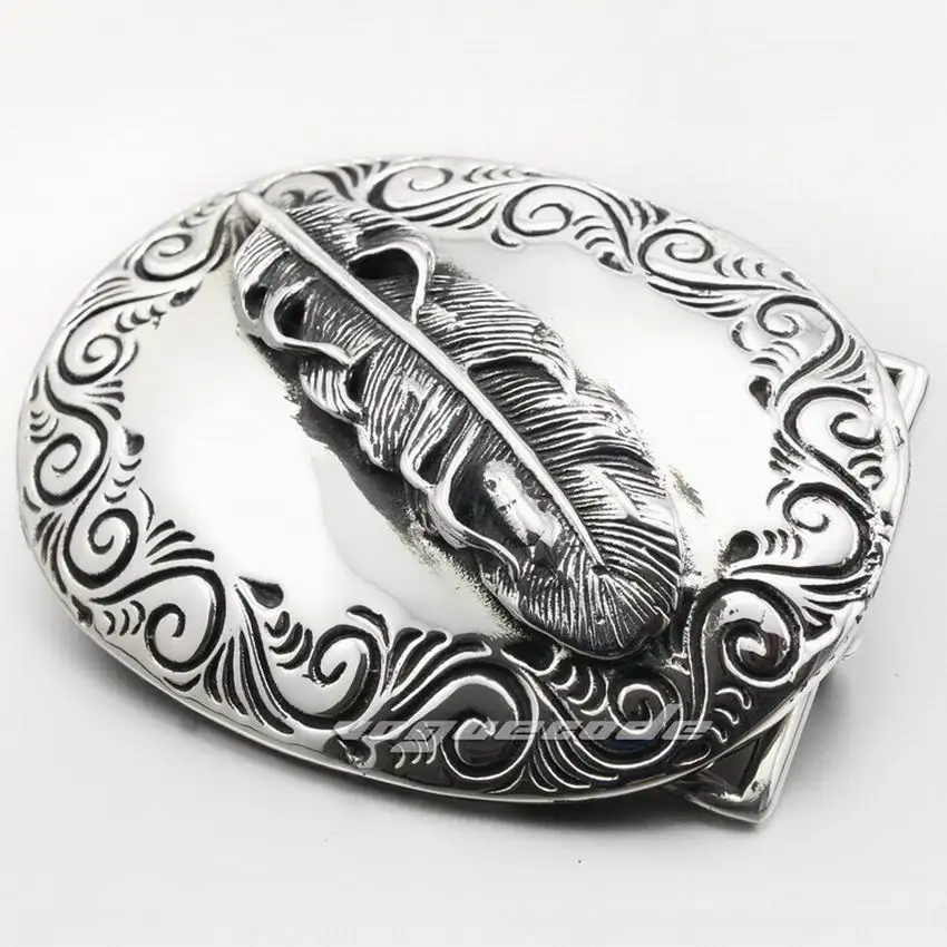 LINSION 316L Stainless Steel Feather Mens Biker Rock Punk Belt Buckle Q024