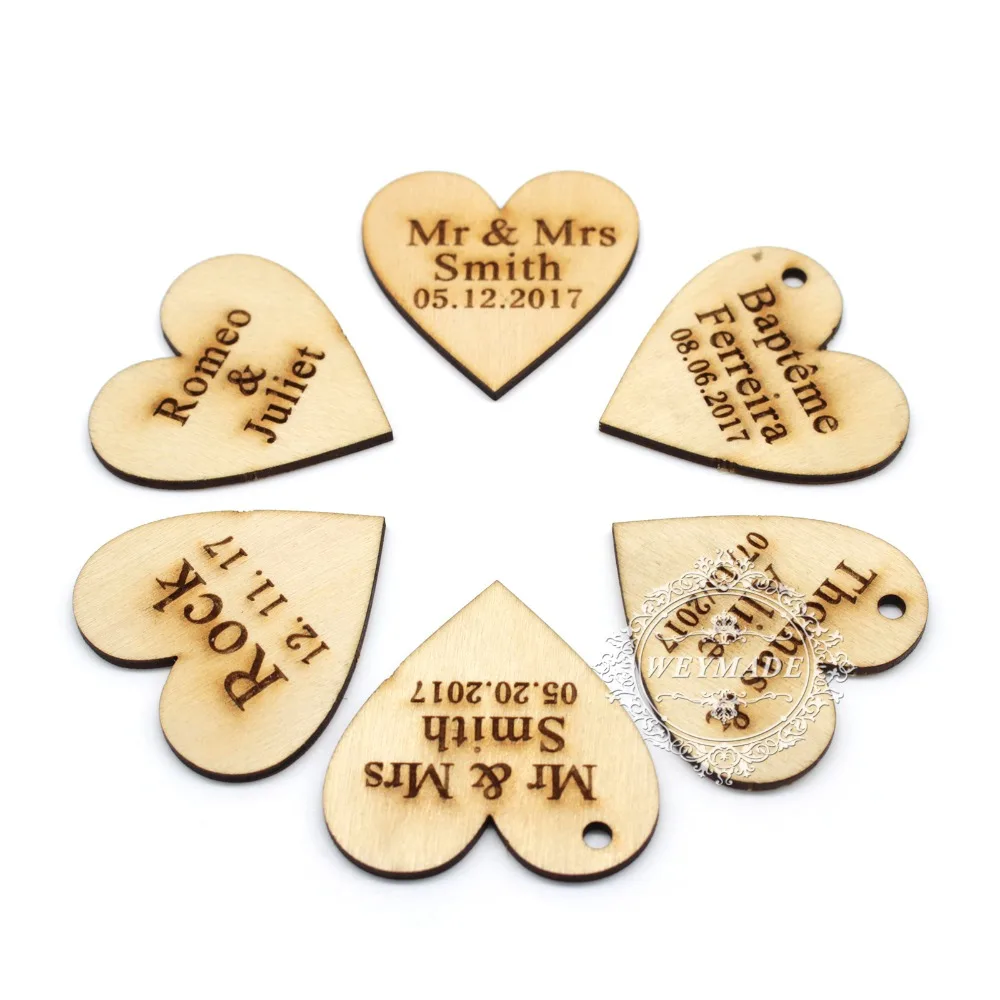 

50 * Personalised Custom Rustic Wedding Wine Charm Wood Heart Label Party Favors Gift Tag Wooden Wedding Wish Tree Decor