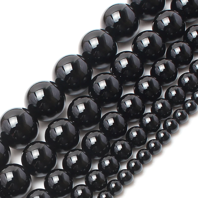 Natural Stone Beads Smooth Round Black Agates Onyx Loose Beads For Jewelry Making Pick Size 4 6 8 10 12 14 mm