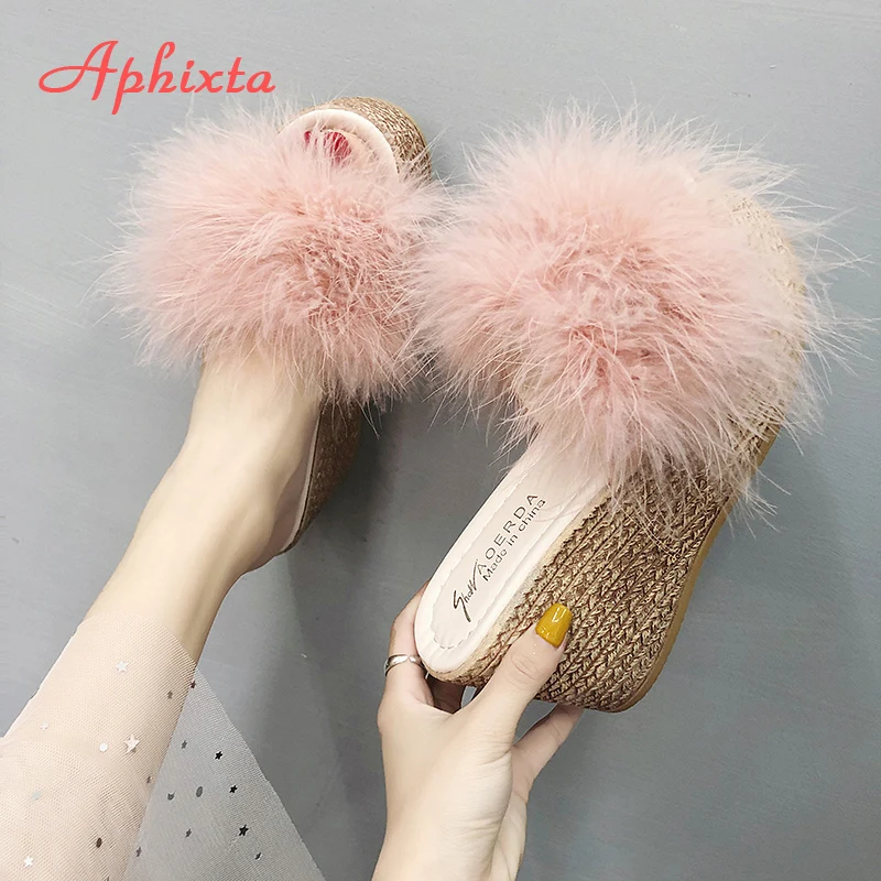 Aphixta 9cm Heels Slides Women's Shoes Woman Slippers Faux Fur Slides Wedge Platform Women Shoes Beach Sandals Zapatos Mujer