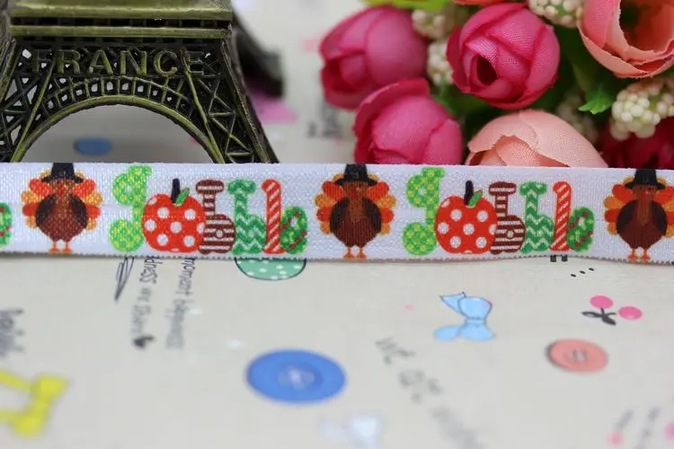 DHK 5/8'' 5yards Fold Over Elastic FOE thanksgiving day turkey printed headband hair band diy decoration OEM Wholesale C220