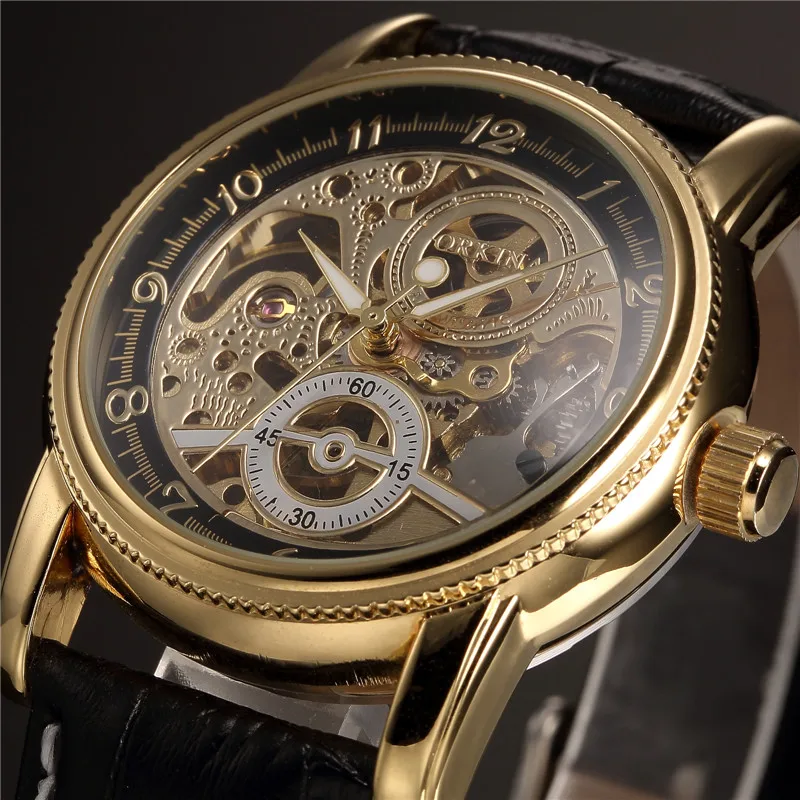 MG. ORKINA Luxury Clock Men Leather Belt Retro Black Golden Skeleton Dial Relogio Male Masculino Mechanical Automatic Watch