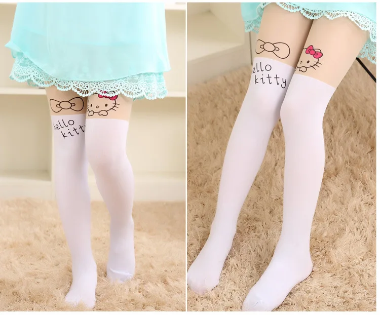 Summer Children Baby Kids Girls Thin Tights Pantyhose Knee Fake Tattoo Velvet Stockings White Cartoon Kitty Cat DS29