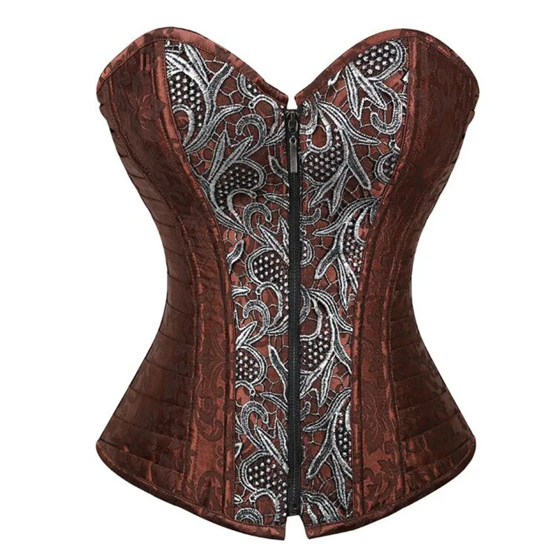 Sapubonva Steampunk Corset Plus Size Gotico Punk Brown Overbust Burlesque Basque Zip Bustier Corset Leather Lingerie Top Women