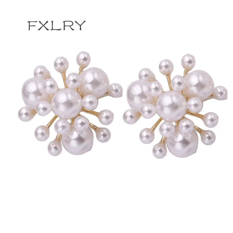 FXLRY New Hot Elegant Personality Simulated Pearl Flower Ball Stud Earrings Trendy Women Girls Party Jewelry