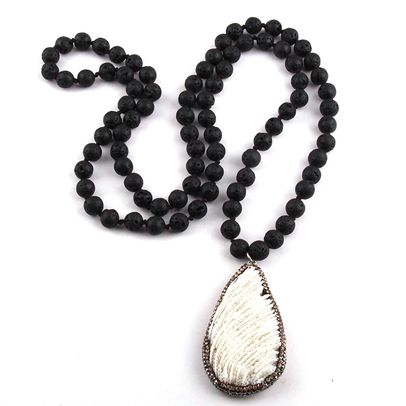 Fashion Bohemian Jewelry Stone and Glass Long Knotted Pendant Necklace Women Lariat Necklaces