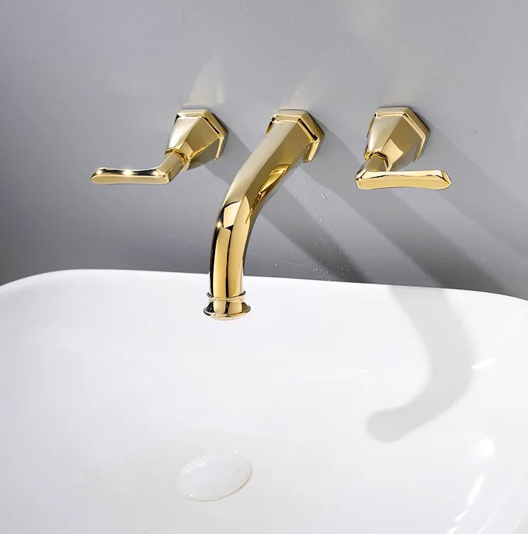 

Free shipping polished gold wall mounted solid brass double handles watefall sink faucet mixer tap widespread