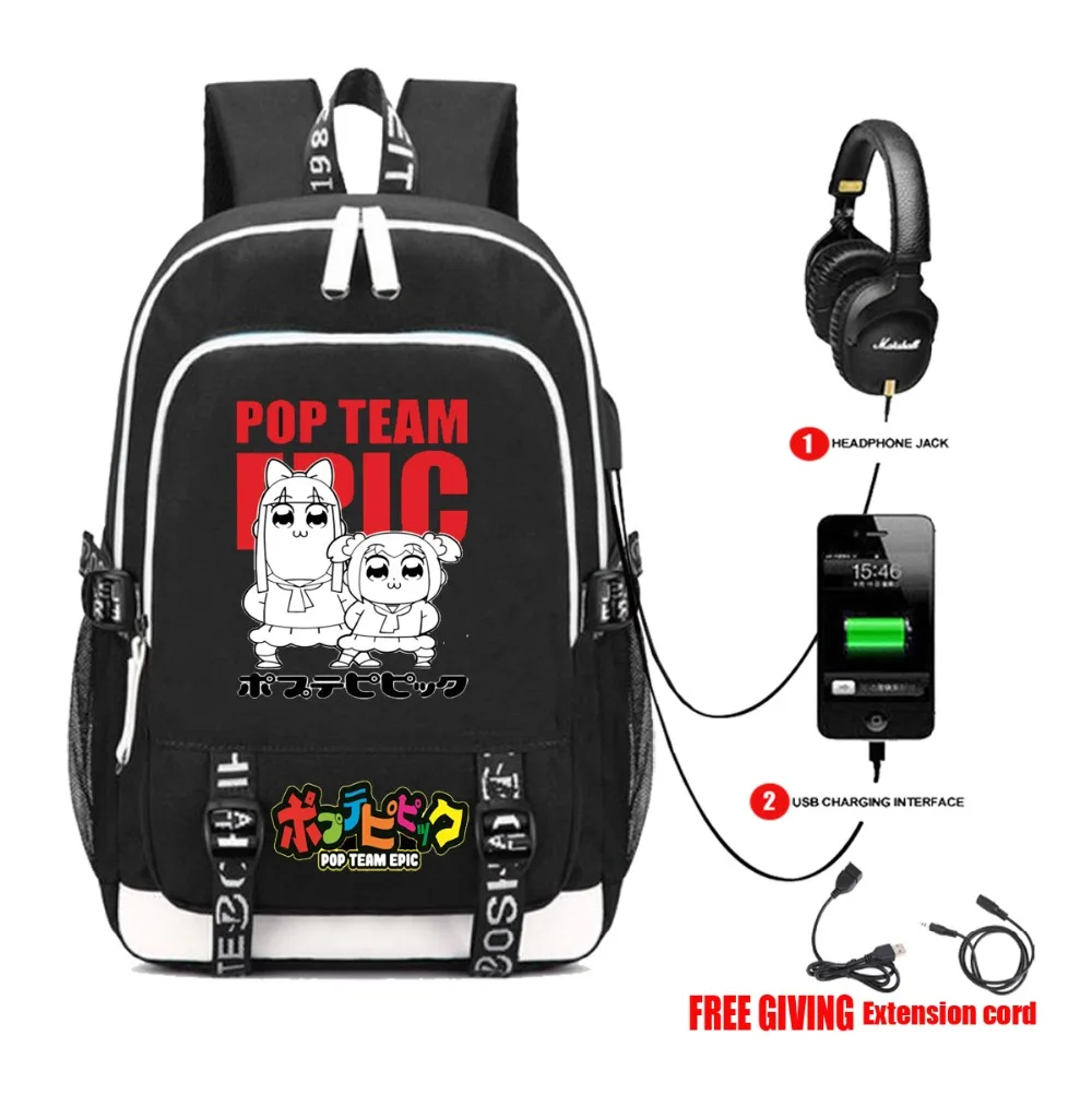 anime Pop Team Epic backpack USB Charging Headphone Multifunction bag Teenagers Schoolbag Unisex Travel bag Rucksack 10 style