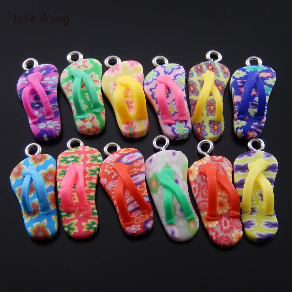 Julie Wang 10pcs Mini Charms Colorful Polymer Clay Flip Flops with Eye Nails Pendant Handmade Crafts Jewelry Making Accessory