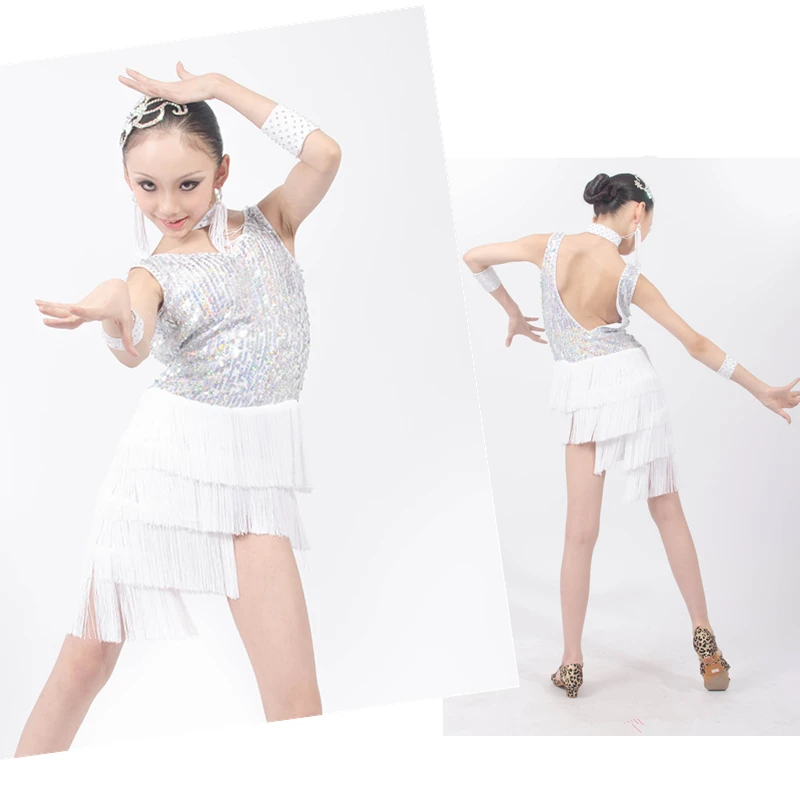 

Elegant White Child Latin Dancing Dress w/Sequins & Tassels,Girls Salsa/Rumba/Samba/Chacha/Ballroom Stage Competition Costume