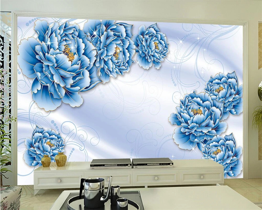 

Beibehang Custom wallpaper blue color carving peony flower living room TV background wall home decoration murals 3d wallpaper