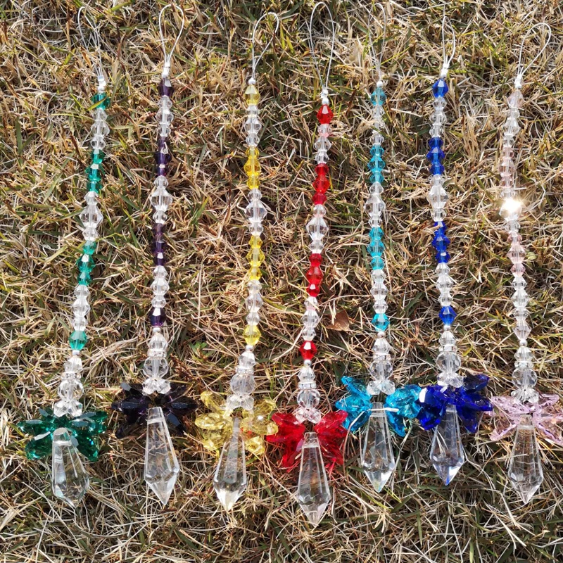 7PCS Rainbow Crystal Guardian Angel Chakra Suncatcher Car Rear View Mirror Charm Hanging Pendant Decor