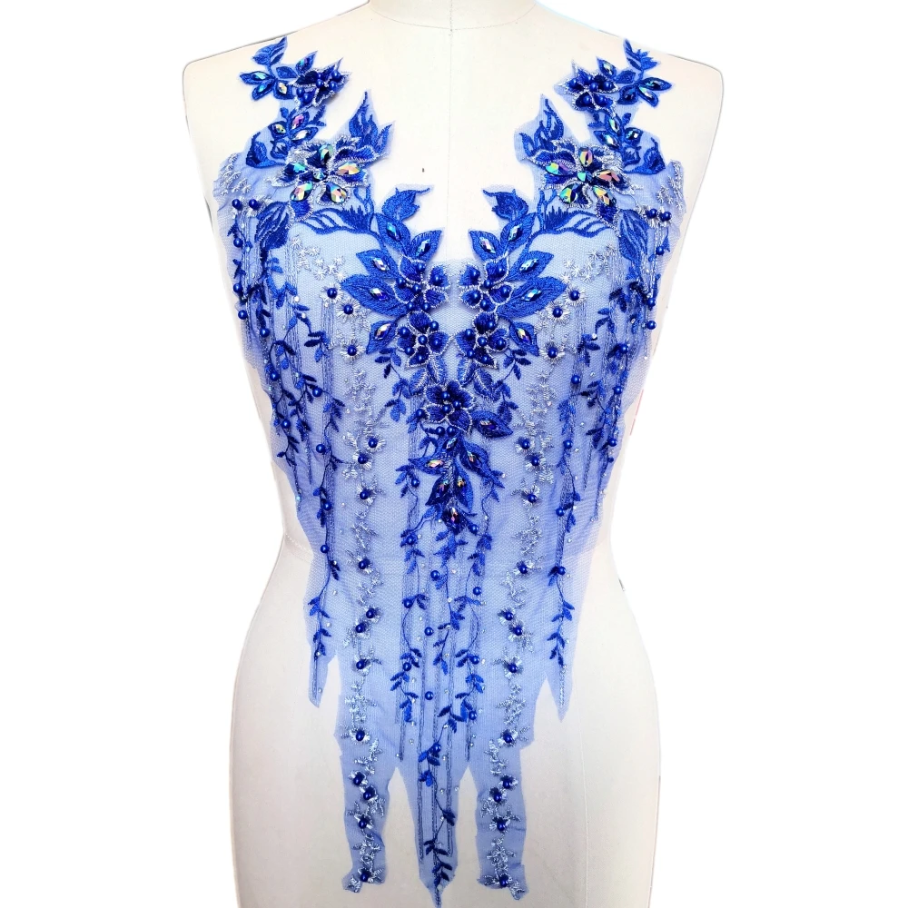 رقعة مطرزة بحجر الكريستال الأزرق الملكي ، رقبة على شكل V ، خياطة للملابس ، أزياء الزفاف ، افعلها بنفسك #3