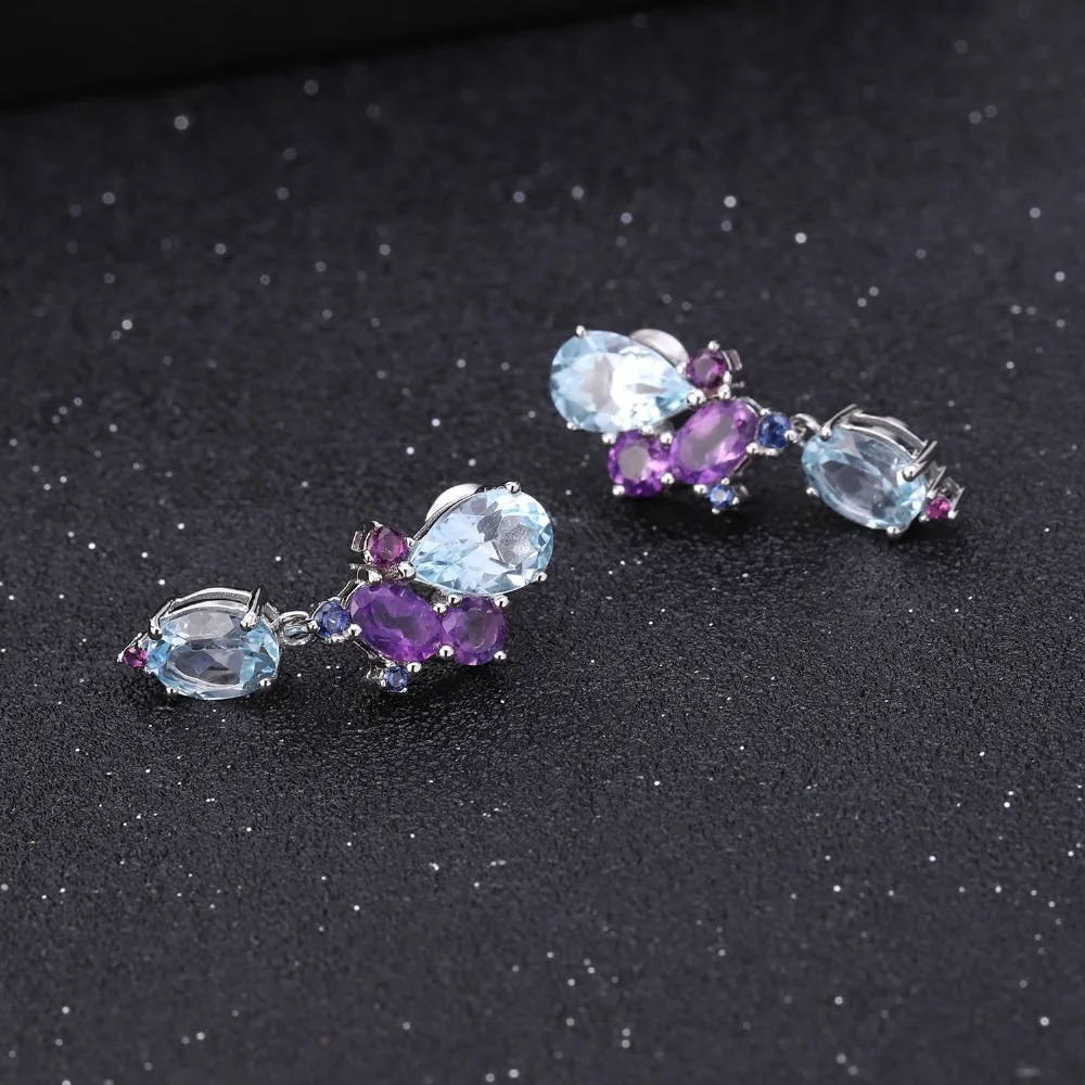 GEM\'S BALLET 925 Sterling Silver Colorful Modern Irregular Earrings Natural Blue Topaz Amethyst Stud Earrings for Women Bijoux