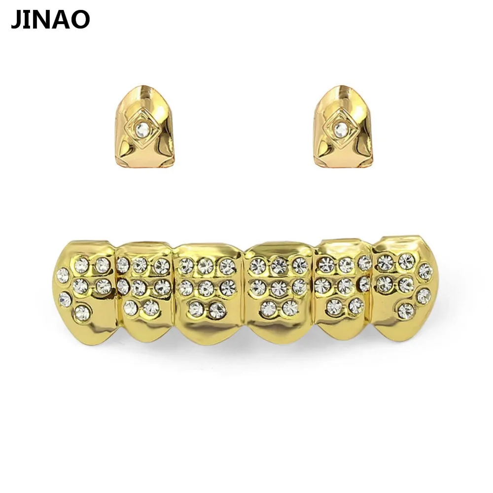 JINAO Men&Women Hip Hop Gold Color Plated Mouth Grillz Set CZ Rhinestone 2pcs Single Top & 6 teeth Bottom set gold grills