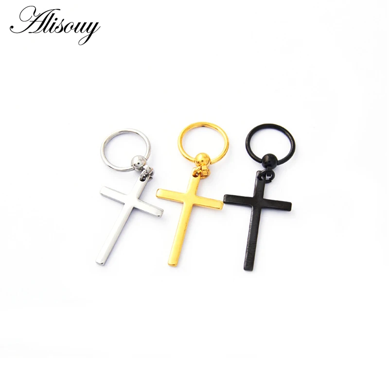 Alisouy New Circle Round Cross Earrings Men Stainless Steel Pendant Stud Earrings Punk Rock Captive Bead Male Earrings Jewelry