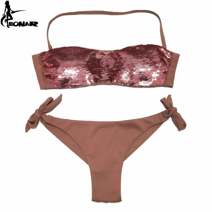 EONAR-Traje de baño de lentejuelas cosidas para mujer, conjunto de bikini con parte inferior de corte brasileño, traje de baño de cintura baja, trajes de baño, ropa de playa de verano