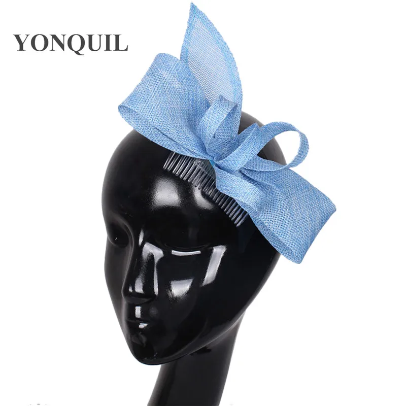 Thanh Lịch Giả Sinamay Fascinators Căn Cứ Với Lông Vũ Cưới Mũ Nhân Dịp Nón Nữ Ánh Sáng Xanh Dương Phụ Kiện Tóc