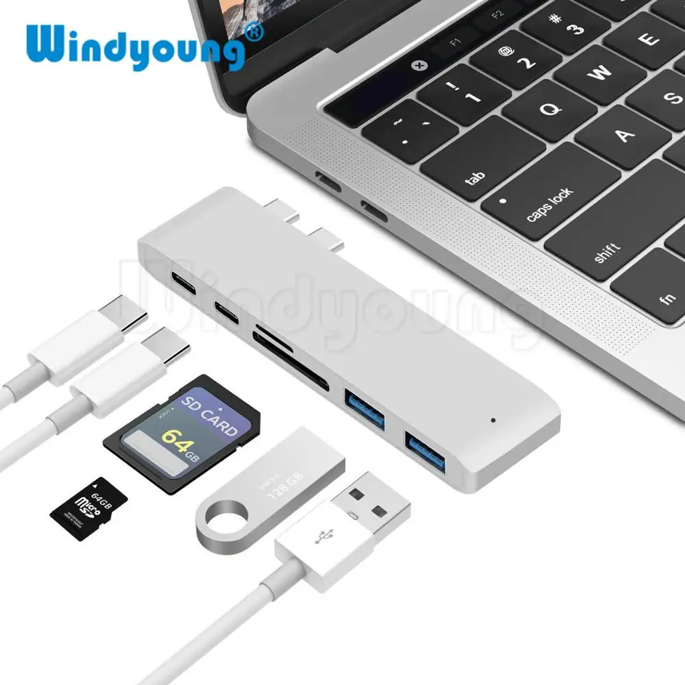 USB C타입 허브 어댑터, 맥북 프로 에어 M1 M2 2021 2020 2019 2018 썬더볼트 3 PD USB 3.0 SD TF 카드 리더기, 6 인 1