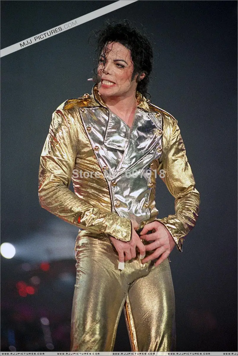 MJ  Michael Jackson History BAD Golden Spandex Double Breasted Woven Jacket Pants Gloves Full Set Performance Gift